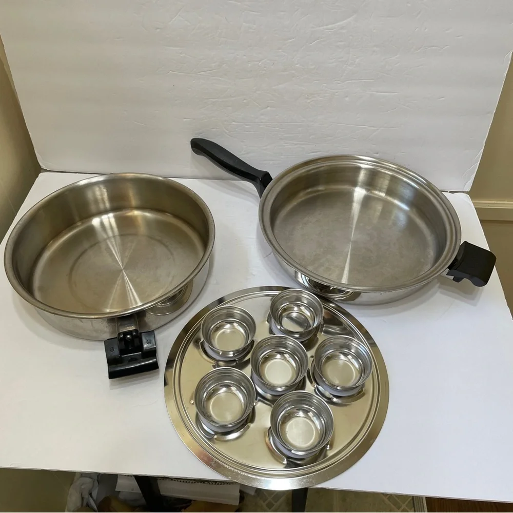 VINTAGE NEW ERA STAINLESS STEEL SKILLET WITH LID AND‎ EGG POACHER